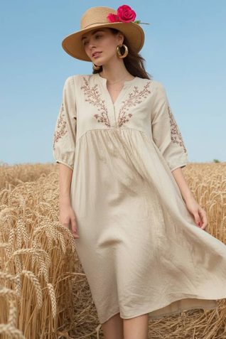 Embroidered Beige Midi Dress